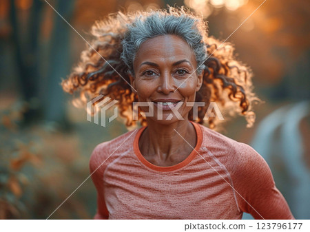 Senior age afro american woman running in large city central park on sunny summer day.AI Generative. 123796177