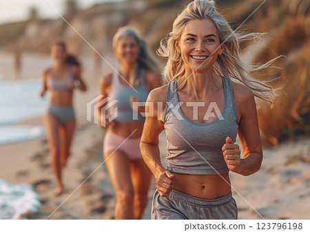 Mature woman running on the beach on sunny morning.Any age active lifestyle concept.AI Generative. 123796198