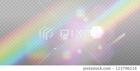 Rainbow light prism effect layer, transparent overlay background. Hologram reflection, crystal flare imposition. Vector realistic illustration with mesh gradients. Rainbow light prism effect layer, transparent overlay background. Hologram reflection, crystal flare imposition. Vector realistic illustration with mesh gradients. 123796218