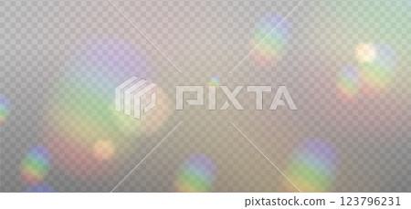 Rainbow sunbeams highlight on a light background with sparkles. Bokeh Glare or reflection from water. Glittering overlay for social media backgrounds, photo shots. Vector illustration. 123796231