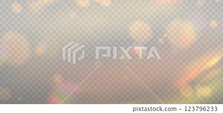 Golden blurred bokeh overlay template for holiday glowing. Happy holidays warm day shimmer backdrop. Vector illustration on light background. 123796233