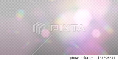 Pink blurred bokeh overlay template for holiday glowing. Rainbow reflection light prism effect on light background. Hologram glass dispersion, crystal flare overlay. Vector shimmer backdrop 123796234
