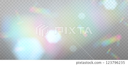 Cold spots of reflected sunlight. Rainbow reflection light prism effect on light background. Hologram glass dispersion, crystal flare leak shadow overlay. Vector illustration 123796235