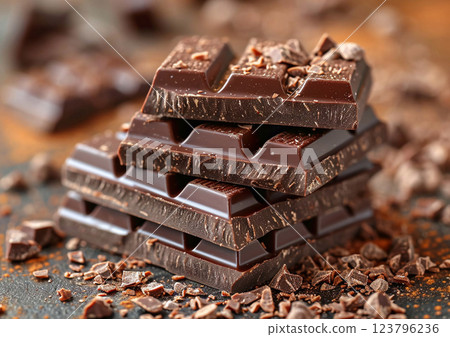 Slices of dark broken chocolate bar with cocoa on table.Macro.AI Generative. 123796236