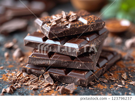 Slices of dark broken chocolate bar with cocoa on table.Macro.AI Generative. Slices of dark broken chocolate bar with cocoa on table.Macro.AI Generative. 123796237