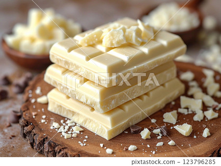 Stack of white milk broken chocolate bar pieces on table.Macro.AI Generative. 123796285