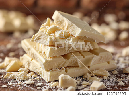 Slices of white milk broken chocolate bar on table.Macro.AI Generative 123796295
