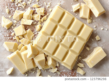 Broken white milk chocolate bar pieces on ligh table.Top view.AI Generative. 123796298