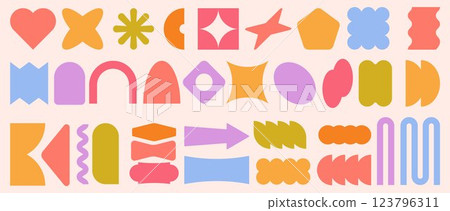 Sticker badge. Modern design elements for label, pop colorful logo design background or patch graphic package. For social media, music. Heart silhouette and star. Vector emblem isolated set Sticker badge. Modern design elements for label, pop colorful logo design background or patch graphic package. For social media, music. Heart silhouette and star. Vector emblem isolated set 123796311