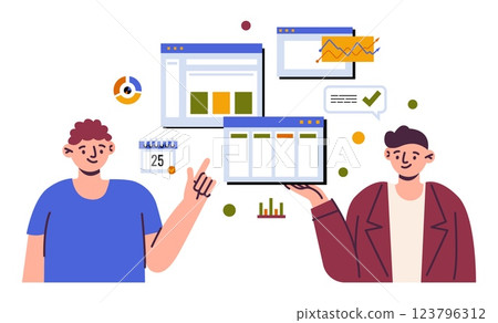 Business infographic. Project diagrams presentation. Man showing startup profit graph. Corporate management strategy. Investment analysis. Computer browser. Finance growth. Vector concept Business infographic. Project diagrams presentation. Man showing startup profit graph. Corporate management strategy. Investment analysis. Computer browser. Finance growth. Vector concept 123796312