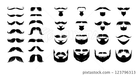 Black beard. Curly man silhouette, goggles haircut or hair for male hipster character, moustache and whisker style. Facial guy icon. Portrait objects. Barbershop isolated vector illustration Black beard. Curly man silhouette, goggles haircut or hair for male hipster character, moustache and whisker style. Facial guy icon. Portrait objects. Barbershop isolated vector illustration 123796313