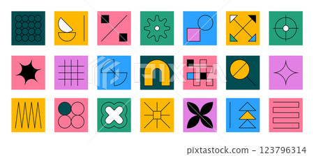 Minimal icons. Blueprint line shapes, architecture imagination symbols. Digital conceptual brutalism squares. Creative isolated graphic geometry. Contemporary tiles, vector minimal elements 123796314