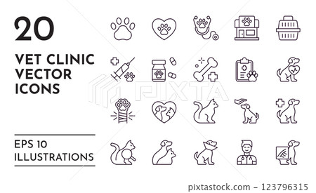 Pet icons. Vet clinic. Veterinary shop. Hospital for domestic animals. Syringe and pills. Medicine symbols. Dog and cat care. Parrot cage. Collar and carrier. Vector line pictograms set 123796315