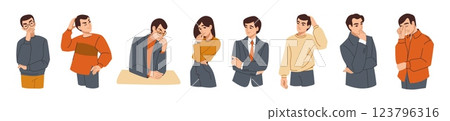 People think. Worry woman, man person with question, doubt or wonder face. Trouble guy portrait. Confused thinking male and female business characters. Vector cartoon flat isolated set People think. Worry woman, man person with question, doubt or wonder face. Trouble guy portrait. Confused thinking male and female business characters. Vector cartoon flat isolated set 123796316