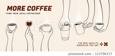 Coffee in hand. Cafe banner. Cup of hot drink. Morning espresso. Takeaway glass. Beverage mug for barista menu. Hipster brew. Arms holding latte and cappuccino. Vector promotion card 123796317
