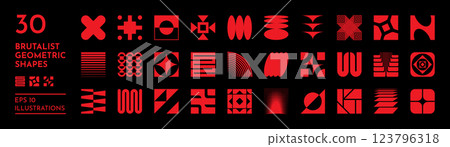 Brutal shapes. Abstract logo elements. Graphic square symbols or Y2K silhouette stickers. Red geometric figures. Retro brutalist geometry. Basic forms. Vector Bauhaus design icons set 123796318