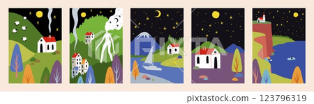 Forest background. Abstract poster with rural house. Hand drawn mountains landscape. Night starry sky. Village scenery. Farm home on hills. Nature panorama. Rural scene. Vector cards set 123796319