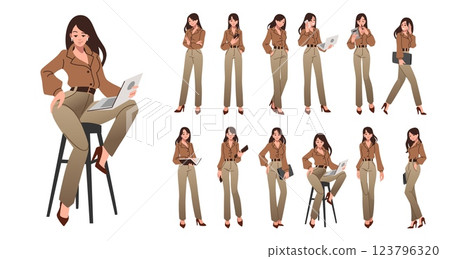 Busy woman. Office work people, executive female person. Young human pose, success professional. Businesswoman in different poses with laptop or documents. Vector cartoon flat illustration set Busy woman. Office work people, executive female person. Young human pose, success professional. Businesswoman in different poses with laptop or documents. Vector cartoon flat illustration set 123796320