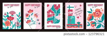 Birthday card. Happy party pattern with cake and minimal geometric funny icons. Celebrate anniversary, fun gifts. Spring summer flowers bouquet. Cartoon flat isolated vector flat design Birthday card. Happy party pattern with cake and minimal geometric funny icons. Celebrate anniversary, fun gifts. Spring summer flowers bouquet. Cartoon flat isolated vector flat design 123796321