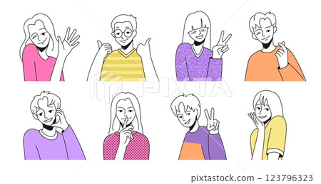 Lineart person. People communication. Greeting or solidarity good smile. Positive woman or man. Young persons avatars. Happy faces. Color line drawing. Vector illustration portraits set Lineart person. People communication. Greeting or solidarity good smile. Positive woman or man. Young persons avatars. Happy faces. Color line drawing. Vector illustration portraits set 123796323