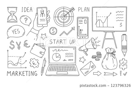 Business doodle. Startup sketch elements. Money earning. Economy profit graphic. Project presentation. Computer and smartphone screen. Productivity time. Vector art drawing icons set 123796326