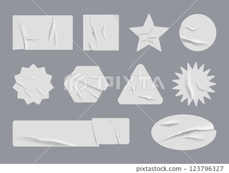 Paper stickers. Round label mockup. Blank stamp texture for 3D price tag. Circular peel patch. Wrinkled surface. Geometric shapes. Folded and crumpled effect. Vector sticky badges set Paper stickers. Round label mockup. Blank stamp texture for 3D price tag. Circular peel patch. Wrinkled surface. Geometric shapes. Folded and crumpled effect. Vector sticky badges set 123796327
