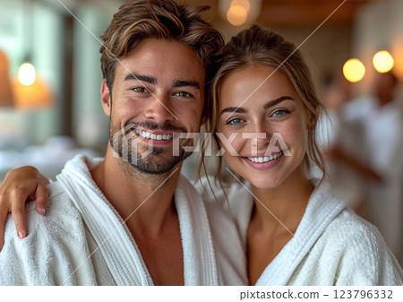 Happy young couple in white bathrobes in luxury hotel spa resort.Macro.AI Generative. 123796332