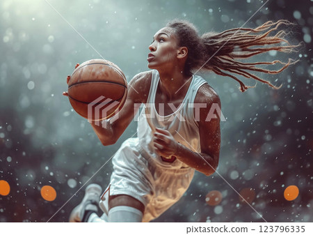 Beautiful female basketball player in attack action on basketball game to score.AI Generative. 123796335