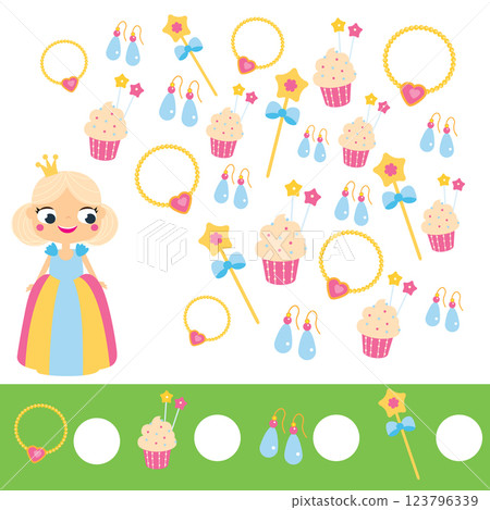 Mathematics educational children game. Study counting, numbers, addition. Princess theme kids math activity 123796339