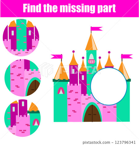Find missing part of picture. Puzzle for toddlers with fairy castle. Educational game for children and kids Find missing part of picture. Puzzle for toddlers with fairy castle. Educational game for children and kids 123796341