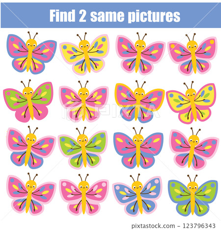 children educational game. Find the same pictures. Find two identical butterflies. fun for kids and toddlers children educational game. Find the same pictures. Find two identical butterflies. fun for kids and toddlers 123796343