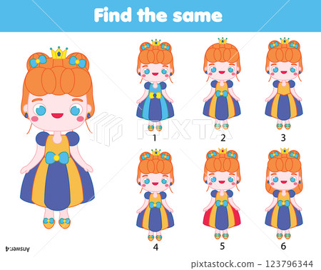 Children educational game. Find two same pictures of Cute princess 123796344