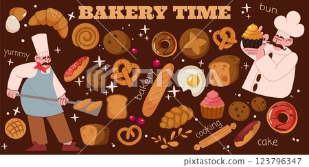 Bakery characters. Bread baker, cook in retro tasty confectionery. Sweet cookie, cake in croissant shop. Homemade baguette and pastry. Vector doodle people, cartoon flat isolated illustration 123796347