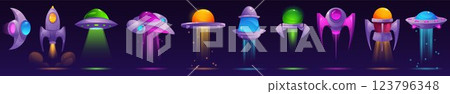 Space ship. Alien rocket, spaceship or ufo game jet. Light galaxy interface, different childish ui shuttle. Colorful vehicles for galactic explore. 3d glossy isolated vector cartoon set Space ship. Alien rocket, spaceship or ufo game jet. Light galaxy interface, different childish ui shuttle. Colorful vehicles for galactic explore. 3d glossy isolated vector cartoon set 123796348