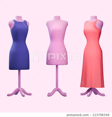 3D dress dummy. Fashion cloth sewing. Woman model shop. Beauty body doll for apparel boutique. Designer or dressmaker mannequin. Female torso manikin. Vector isolated render objects set 3D dress dummy. Fashion cloth sewing. Woman model shop. Beauty body doll for apparel boutique. Designer or dressmaker mannequin. Female torso manikin. Vector isolated render objects set 123796349