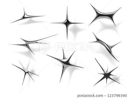 3D sparkle. Y2k brutalism spark. Future brutalist lighting twinkle star or splash silhouette. Magic explosion shapes. Aluminium blobs. Platinum or mercury spikes. Vector steel forms set 123796390