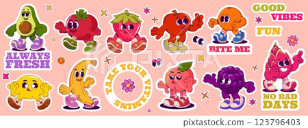 Fruit characters. Cartoon retro vegetable stickers. Funny comic avocado and strawberry. Happy vintage food groovy elements. Grocery labels. Walking banana and tomato. Vector mascots set 123796403