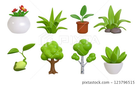 Tree 3d, nature spring grass garden from park, farm or interior plants. Leaf green, sprout and summer seed, small succulent in pots, birch glossy render isolated decorative vector icons set 123796515
