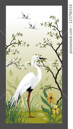 Bird poster. Chinese art. Garden foliage. Tree branches with summer leaves and flowers. Japanese crane. Flying animals. Swan flight. Traditional eastern drawing. Vector ornithology card Bird poster. Chinese art. Garden foliage. Tree branches with summer leaves and flowers. Japanese crane. Flying animals. Swan flight. Traditional eastern drawing. Vector ornithology card 123796528