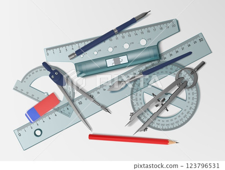 Architecture tools. Architect drafting stationery top view. Realistic math protractor. Rulers and compass. Technical study draft. School geometry design. Vector school accessories set 123796531