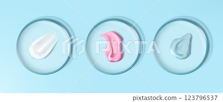 Petri dish. Serum on glass plate. Transparent texture on gel drop. Liquid flow of cosmetic cream. Laboratory glassware. Lab sample top view. Dermatology test. Vector 3D objects set 123796537