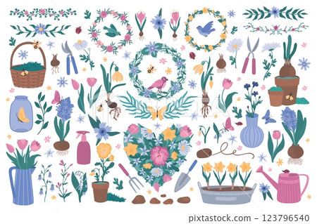 Cute flowers set. Hand drawn leaf border, doodle spring branch frame. Floral bouquet decoration, greeting design. Gardening tools. Stickers collection. Vector cartoon flat isolated illustration 123796540