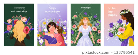 Spring garden. International women day. Nature summer flowers. 8 march holiday. Happy girls watercolor portraits. Meadow landscape. Blooming blossom bouquet. Vector greeting cards set 123796541
