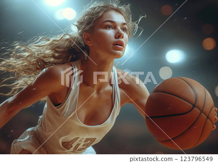 Young beautiful college female basketball player on game on large arena.Macro.AI Generative. 123796549