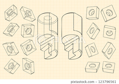 Mechanical engineering drawings on sepia background. Cutter, assembly tool with replaceable multi-faceted plate. Technical Design. Cover. Blueprint. Vector illustration. Mechanical engineering drawings on sepia background. Cutter, assembly tool with replaceable multi-faceted plate. Technical Design. Cover. Blueprint. Vector illustration. 123796561
