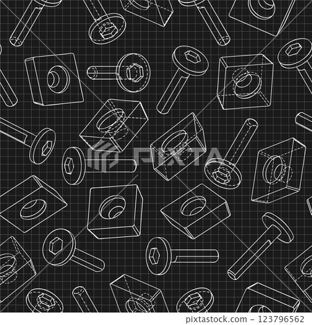 Mechanical engineering drawings on black background. Cutter, assembly tool with replaceable multi-faceted plate. Technical Design. Cover. Blueprint. Vector illustration. Seamless pattern. Mechanical engineering drawings on black background. Cutter, assembly tool with replaceable multi-faceted plate. Technical Design. Cover. Blueprint. Vector illustration. Seamless pattern. 123796562