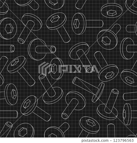Mechanical engineering drawings on black background. Cutter, assembly tool with replaceable multi-faceted plate. Technical Design. Cover. Blueprint. Vector illustration. Seamless pattern. 123796563