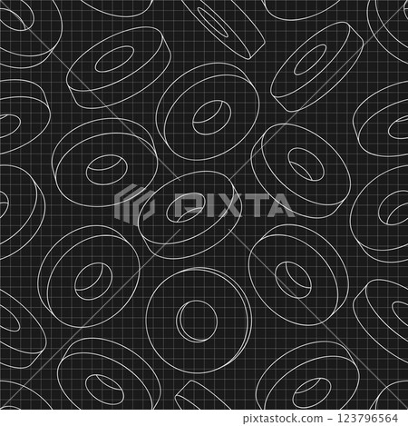 Mechanical engineering drawings on black background. Cutter, assembly tool with replaceable multi-faceted plate. Technical Design. Cover. Blueprint. Vector illustration. Seamless pattern. 123796564