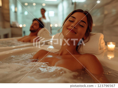 Happy young beautiful couple relaxing in jacuzzi bath on luxury hotel spa resort.AI Generative. 123796567