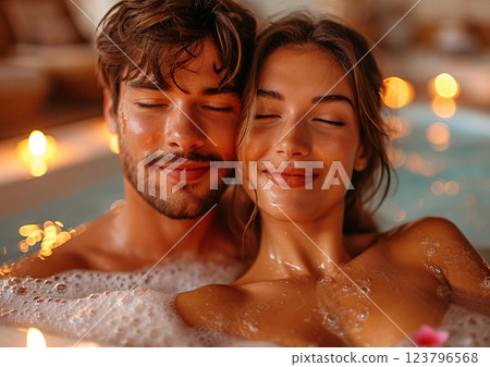 Happy young beautiful couple relaxing in jacuzzi bath on luxury hotel spa resort.AI Generative. 123796568